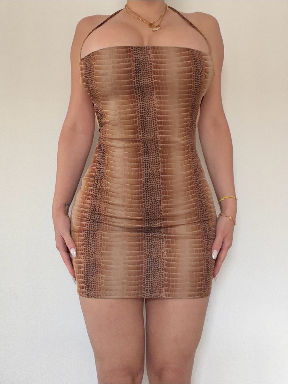 NWT EDGE Brown Snake Print Open Back Halter Mini Dress Size M